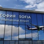 The image of the jet aircraft landing at Sofia Airport, Bulgaria.