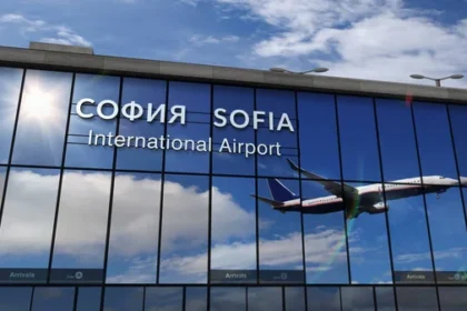 The image of the jet aircraft landing at Sofia Airport, Bulgaria.