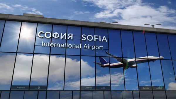 The image of the jet aircraft landing at Sofia Airport, Bulgaria.