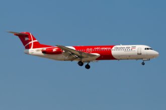 The image of Qeshm Airlines Fokker 100 during the flight.