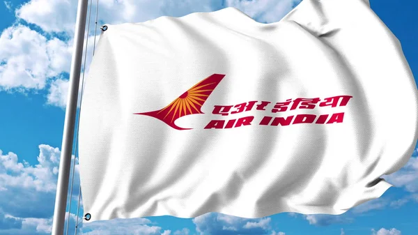 The image of Air India logotype on the waving flag against the sky.