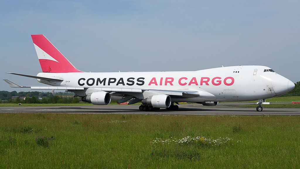 The Boeing 747-412F of Compass Cargo Airlines with the registration LZ-CJA taxis onto runway 04R at Liège Airport. The aircraft operated a flight from Liège to Örebro and then flew to John F. Kennedy International Airport (New York City)