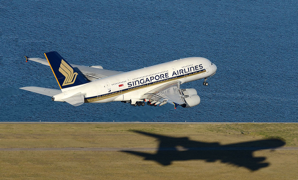 ingapore Airlines Airbus A380 (9V-SKD) operating as SQ222 taking off in a southerly direction on Runway 16R at Sydney's Kingsford Smith Airport. Photo taken from a chopper flying parallel at approx 500ft. Focal length 200mm on F8 aperture