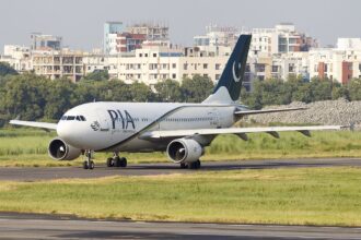 A Pakistan International Airlines Airbus A310-325ET taxiing at Hazrat Shahjalal International Airport, Dhaka.