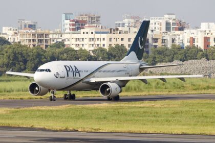 A Pakistan International Airlines Airbus A310-325ET taxiing at Hazrat Shahjalal International Airport, Dhaka.