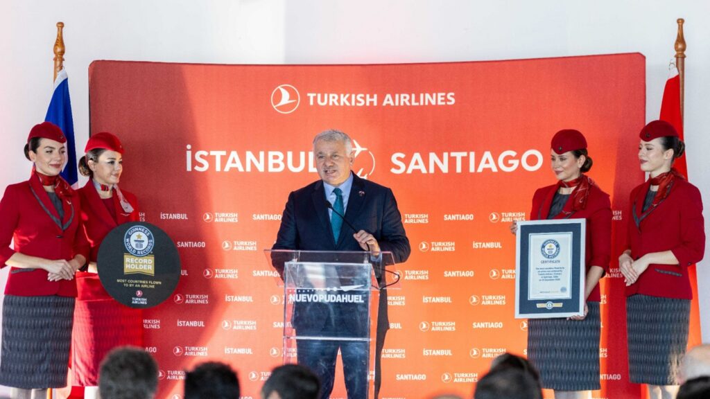 Turkish Airlines CEO Bilal Ekşi holds a speech after receiving Guinness World Record award in Santiago, Chile