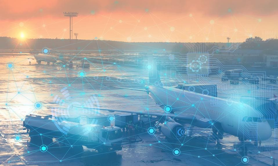 Visual representation of using modern technology and artificial intelligence to prepare the aircraft without human intervention