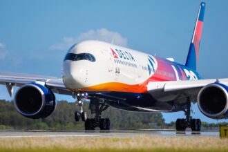 Delta’s LA28 Olympic Livery aircraft landing in Brisbane