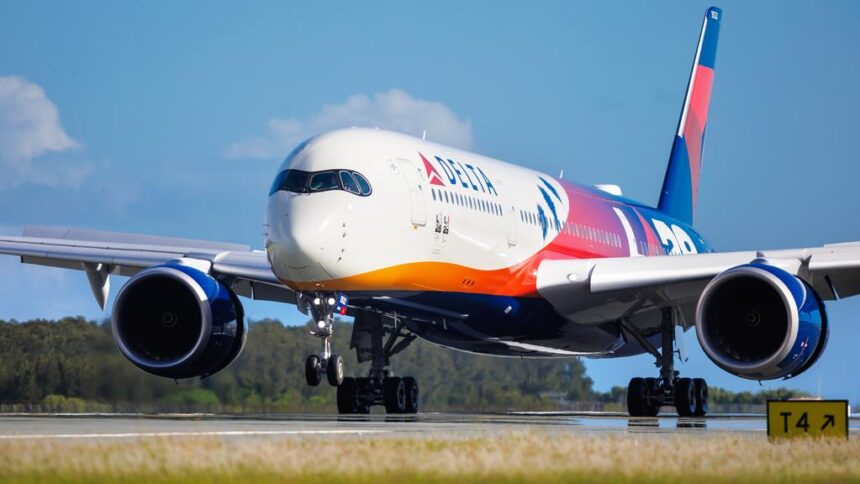 Delta’s LA28 Olympic Livery aircraft landing in Brisbane