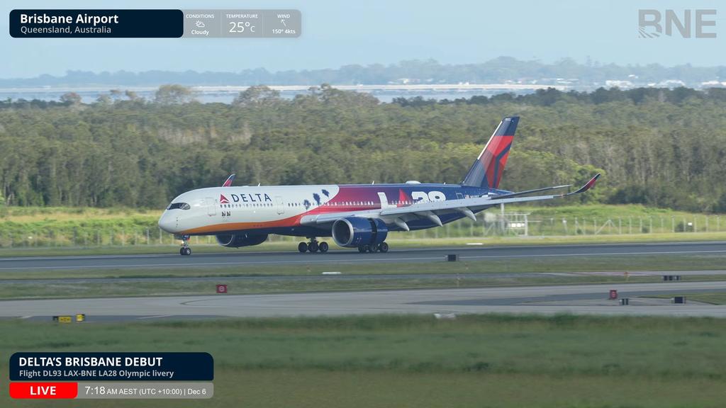 The LA28 Livery lands on the tarmac at Brisbane Airport (BNE) after completing its first flight for Los Angeles (LAX).