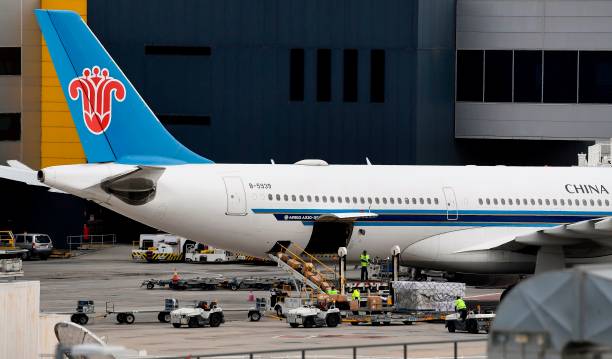 A China Southern A330 Airbus unloads its cargo on the tarmac at Melbourne's Tullamarine Airport