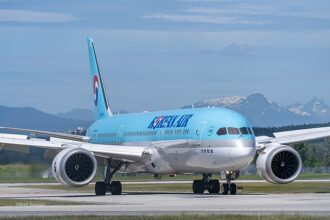 A Korean Air Plane taxiing.