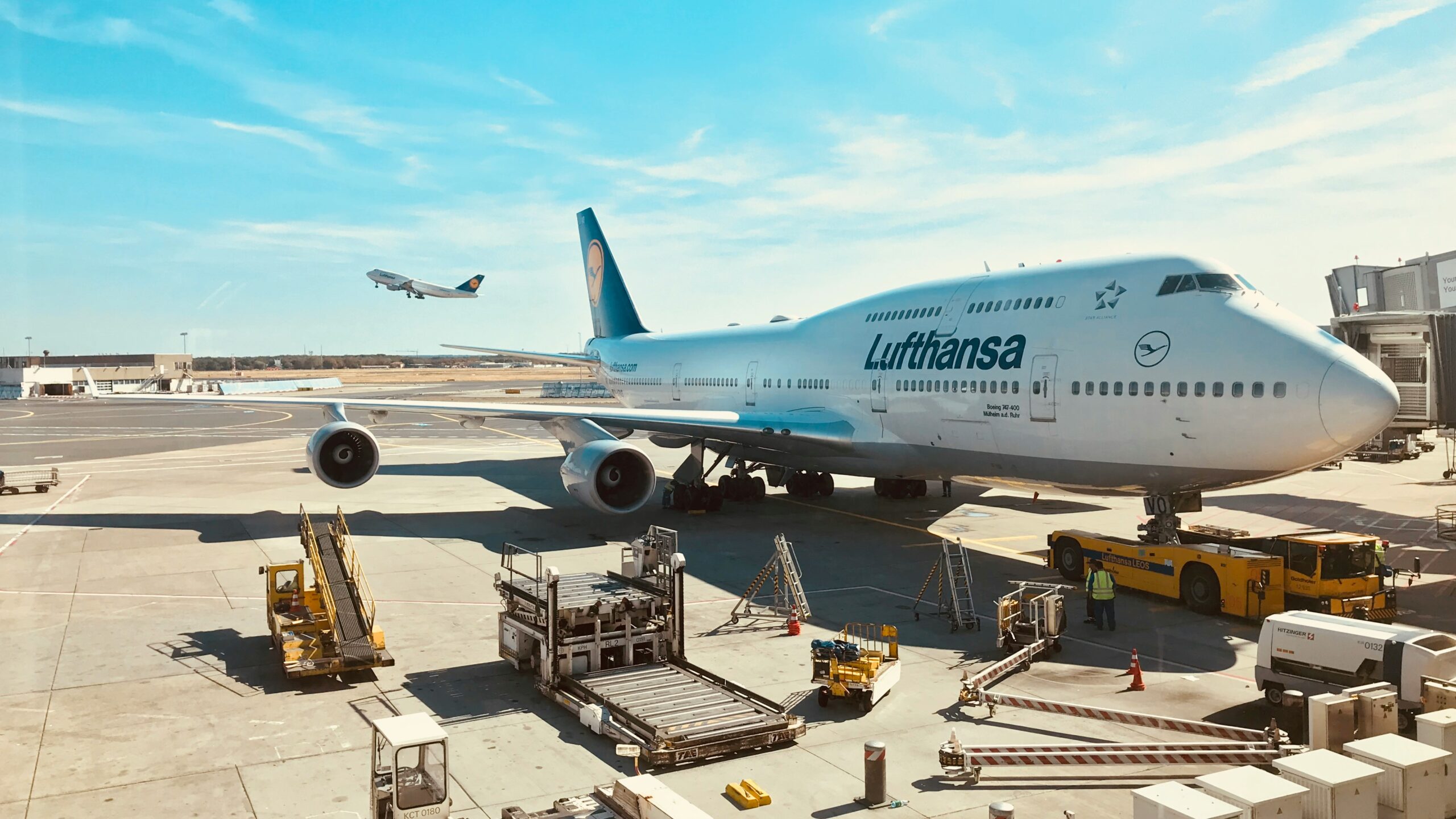Lufthansa Boeing 747-400 parked at Frankfurt Airport.