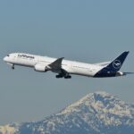 Lufthansa Boeing 787 flying above Vancouver.