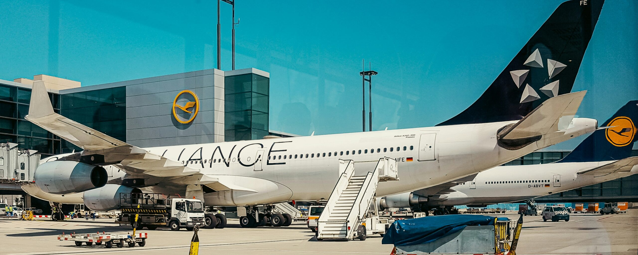 Lufthansa passenger A340-300 under maintenance at Frankfurt Airport.