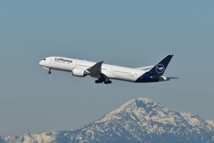 Lufthansa Boeing 787 flying above Vancouver.