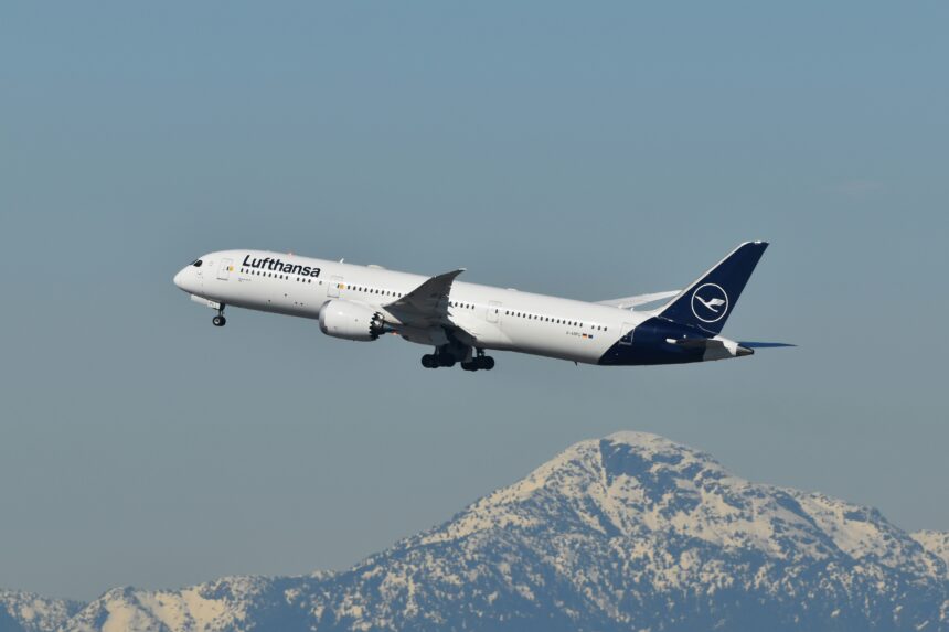 Lufthansa Boeing 787 flying above Vancouver.