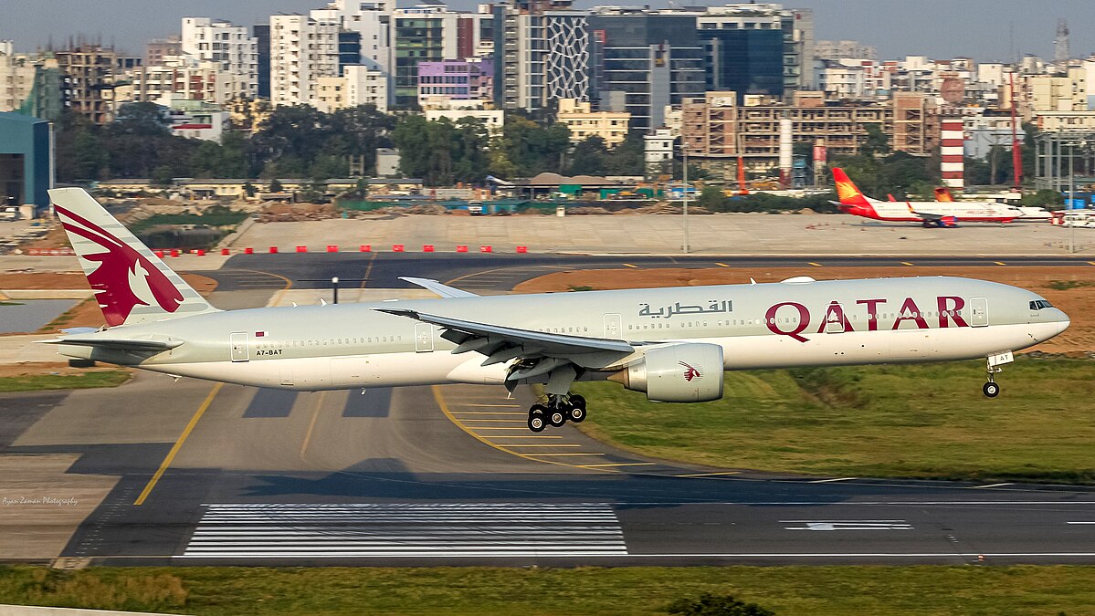 A Qatar Airways Boeing 777-3DZER taking off. 