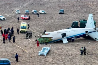 Wreckage of the Azerbaijan Airlines plane crash in Kazakhstan.
