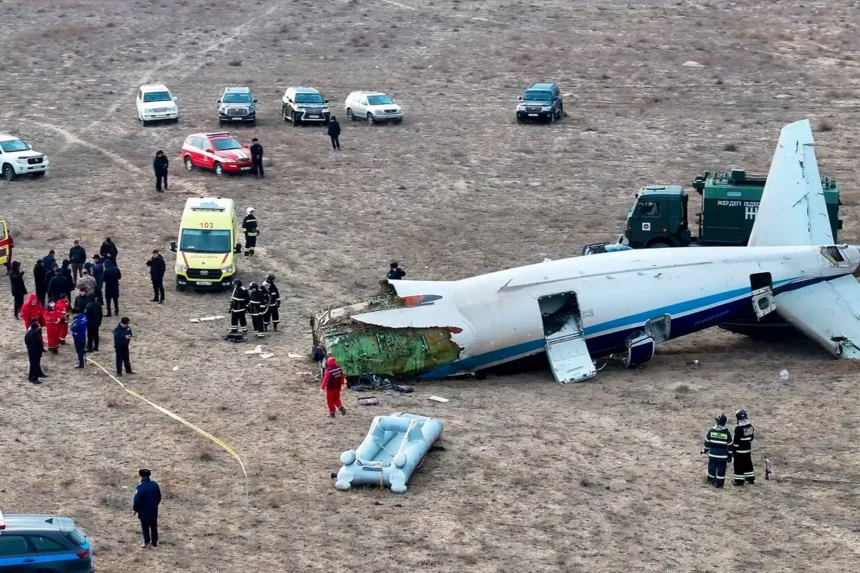 Wreckage of the Azerbaijan Airlines plane crash in Kazakhstan.