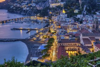 The Amalfi Coast, lit up at night in the Italian Summer.