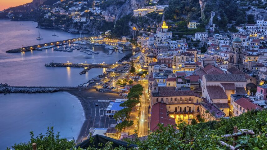 The Amalfi Coast, lit up at night in the Italian Summer.