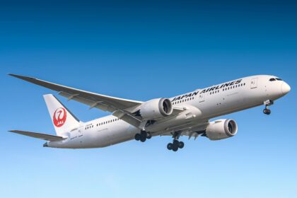 A Japan Airlines plane in flight, captured by Fariz Priandana.