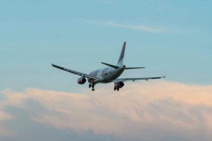 A passenger aeroplane flying in the sky.