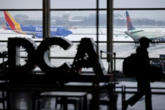 Airplanes on the tarmac during a snowstorm at Ronald Reagan Washington National Airport in Arlington, Virginia, US, on Monday
