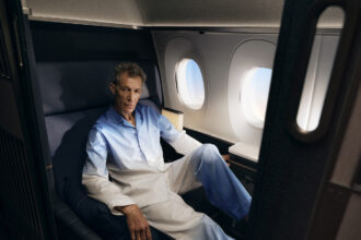 A man wearing the loungewear's exclusive colours
