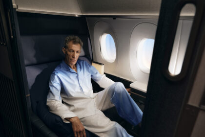 A man wearing the loungewear's exclusive colours