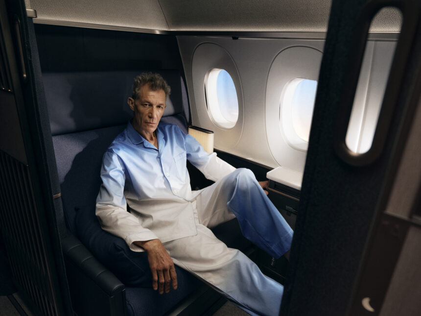 A man wearing the loungewear's exclusive colours