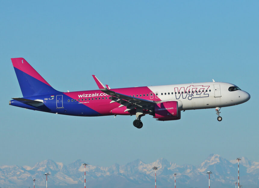 Wizz Air aircraft at Sibiu airport, showcasing the airline’s new routes and increased capacity for 2025