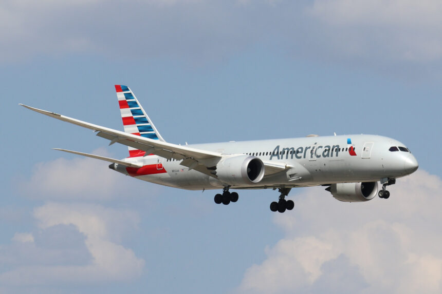 An American Airlines 787-8 arrives at Dallas Fort Worth