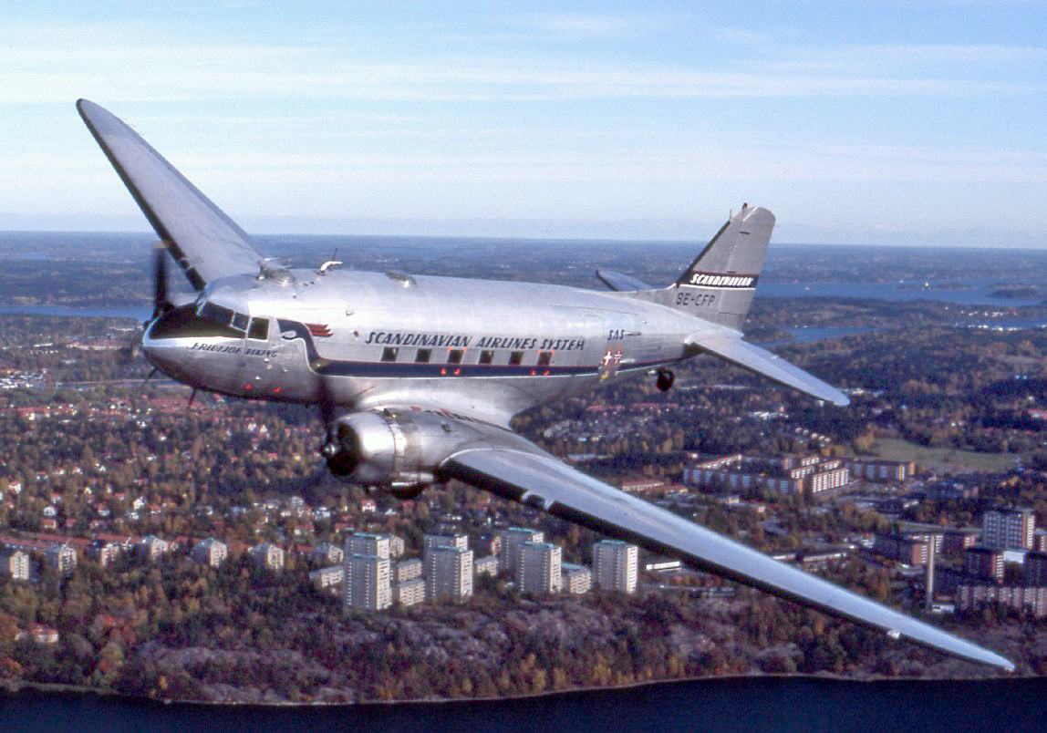 DC-3 operated by Scandinavian Airlines flying over Lidingö, Sweden, in 1989