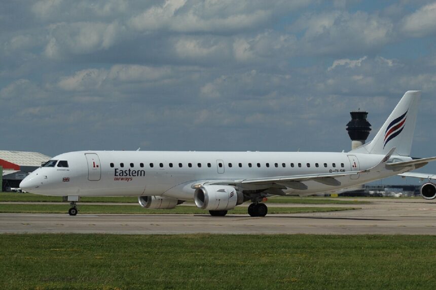 An Eastern Airways flight leaving Manchester Airport