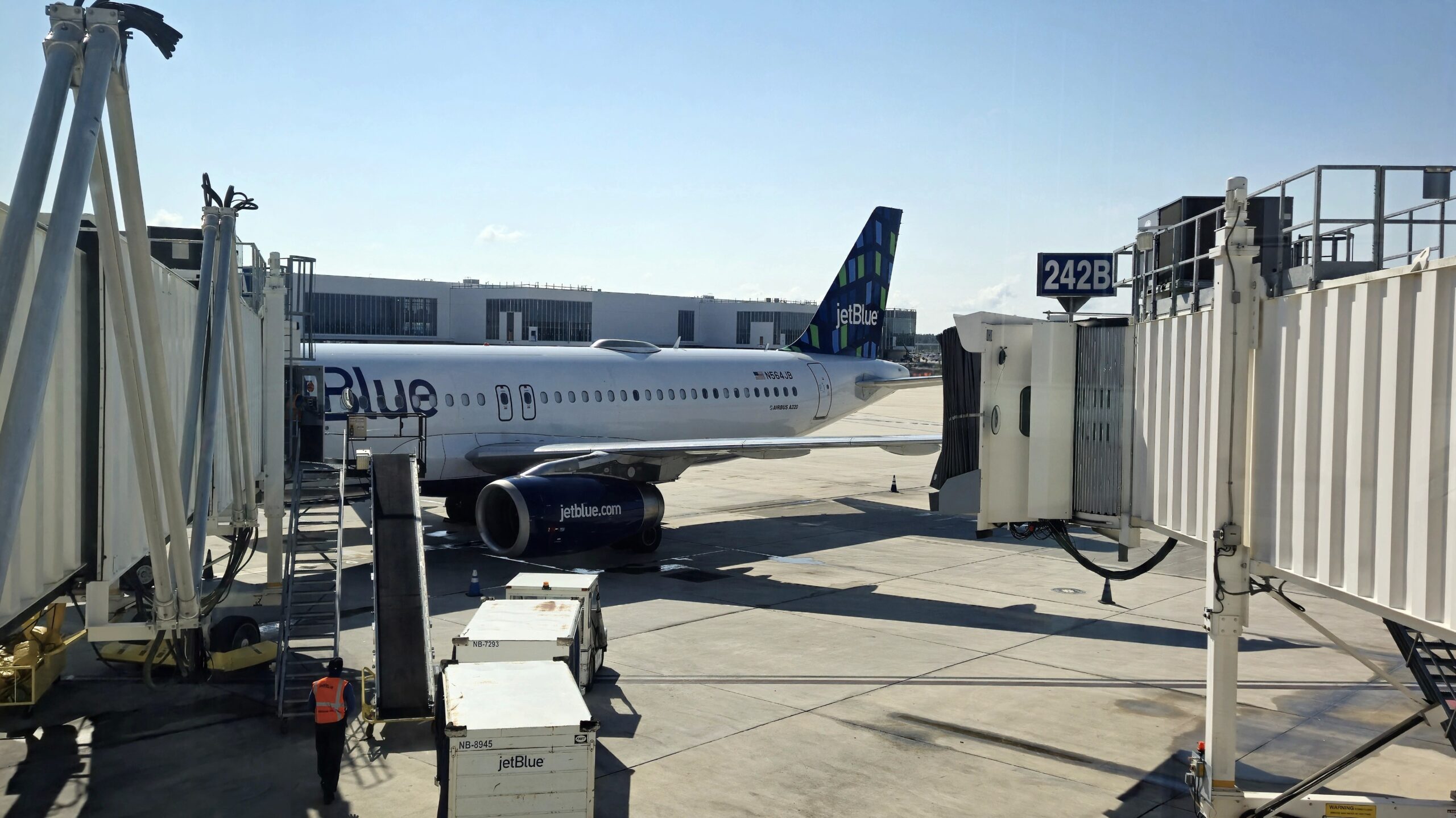 Jet blue plane waiting for take-off