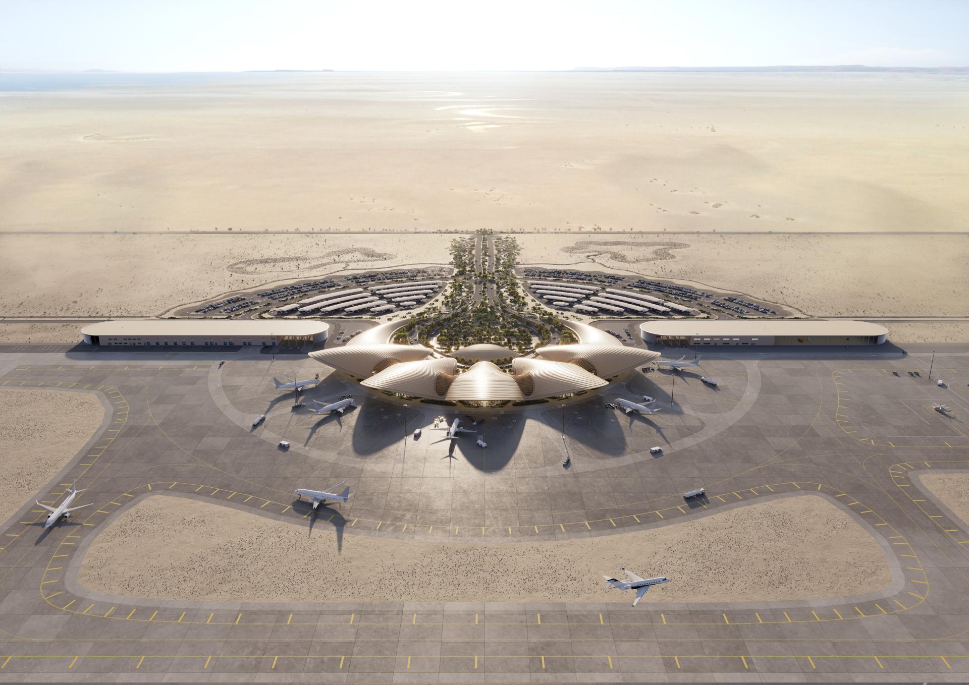 Aerial image of Red Sea International airport in the future with traffic