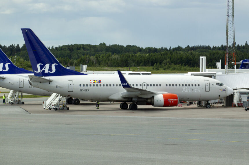 Scandinavian Airlines Boeing 737 arrive at Stockholm-Arlanda airport.