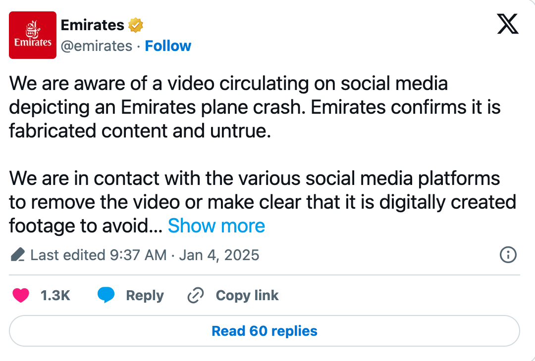 Emirates X post concerning AI generated plane crash videos