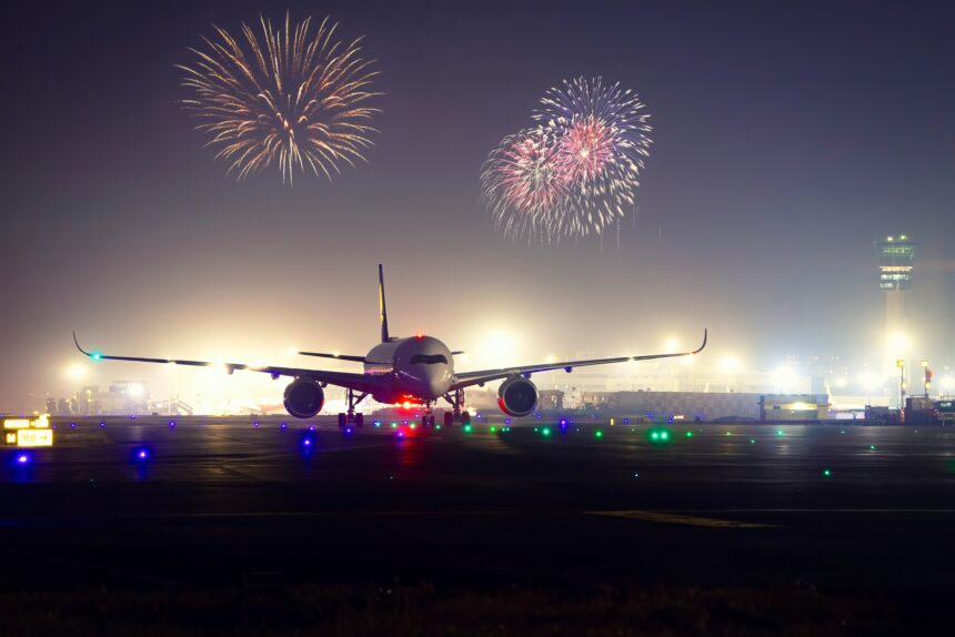 Aircraft on runway during New Years Eve with fireworks in background