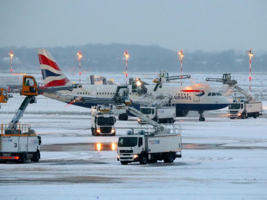 Staff at Manchester airport applying de-icer to aircrafts