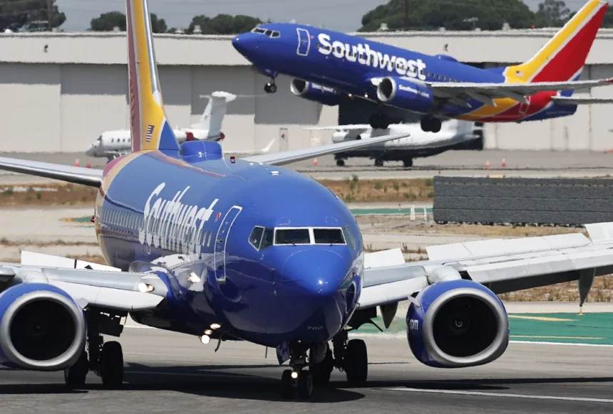 A Southwest Airlines plane takes off as another Southwest jet taxis