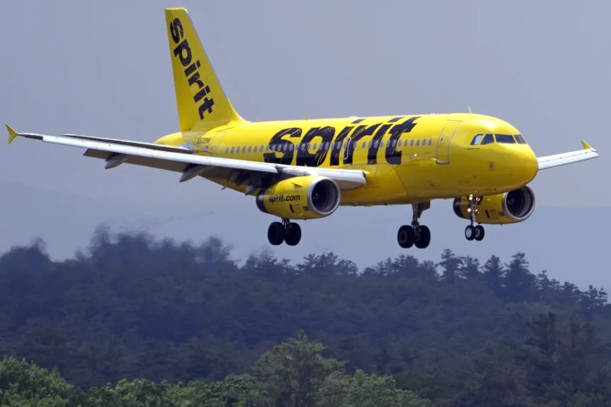 Spirit Airlines 319 Airbus approaches Manchester Boston Regional Airport fro a landing, 2023