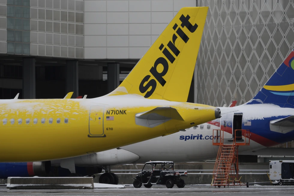 Spirit Airlines planes parked at the closed George Bush Intercontinental Airport