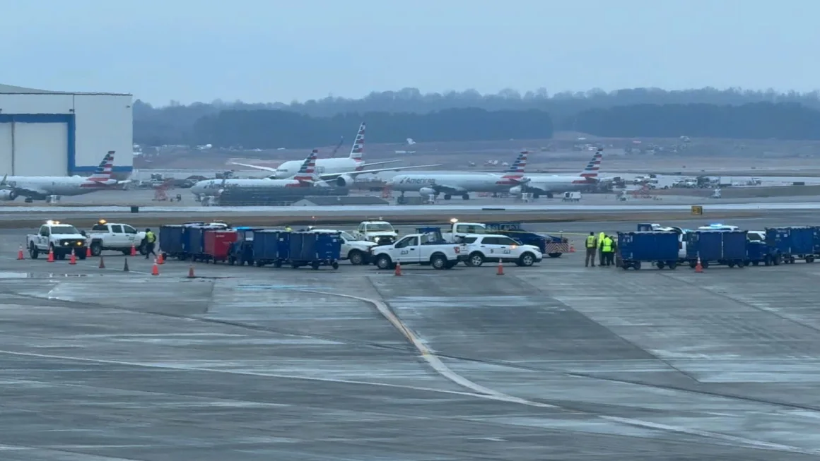The scene after an American Airlines employee working at Charlotte Douglas International Airport was struck and killed by a ramp vehicle while on the tarmac Monday, January 27, 2025. 