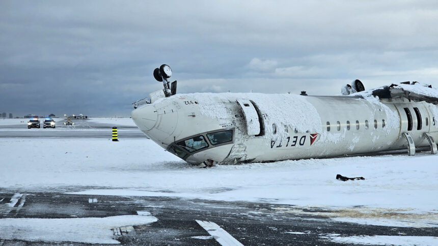 A rear image of an upside-down delta plane in a snowy weather.