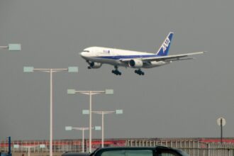 ANA Boeing 777 landing in Haneda Airport, Tokyo, Japan.