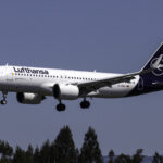 Lufthansa Airbus A320neo landing at Santiago de Compostela airport.