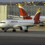 Iberia Airbus A319 arrive at Madrid airport.
